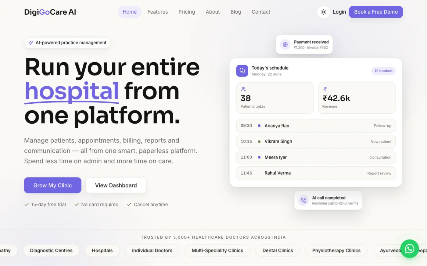 The DigiGoCare AI clinic dashboard on its marketing site.